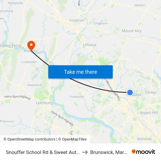 Snouffer School Rd & Sweet Autumn Dr to Brunswick, Maryland map