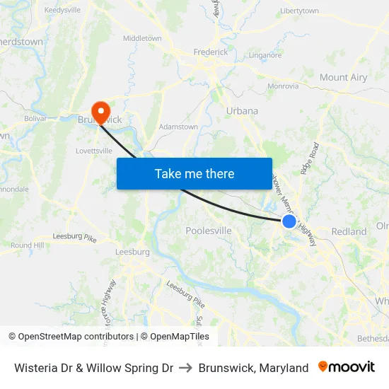 Wisteria Dr & Willow Spring Dr to Brunswick, Maryland map
