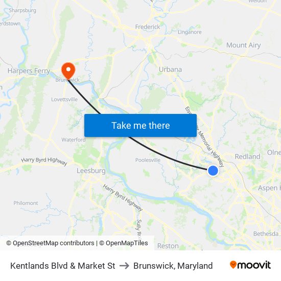 Kentlands Blvd & Market St to Brunswick, Maryland map