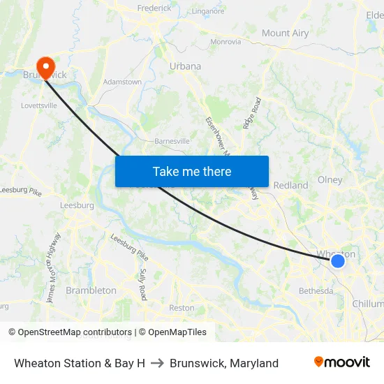 Wheaton Station & Bay H to Brunswick, Maryland map