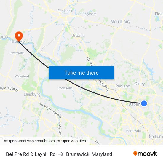 Bel Pre Rd & Layhill Rd to Brunswick, Maryland map