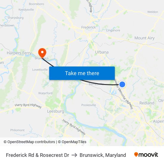 Frederick Rd & Rosecrest Dr to Brunswick, Maryland map