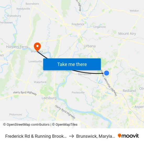 Frederick Rd & Running Brook Dr to Brunswick, Maryland map