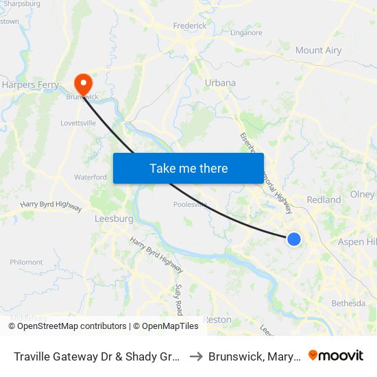 Traville Gateway Dr & Shady Grove Rd to Brunswick, Maryland map