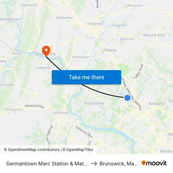 Germantown Marc Station & Mateny Hill Rd to Brunswick, Maryland map