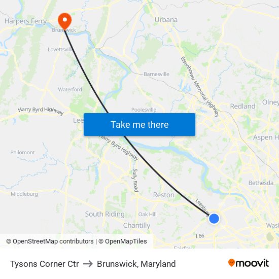 Tysons Corner Ctr to Brunswick, Maryland map