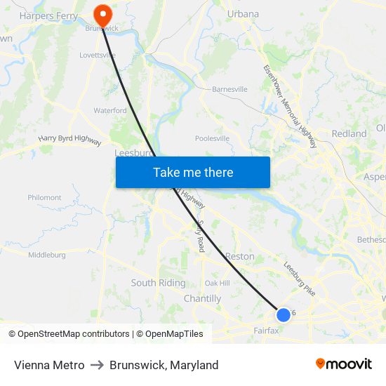 Vienna Metro to Brunswick, Maryland map