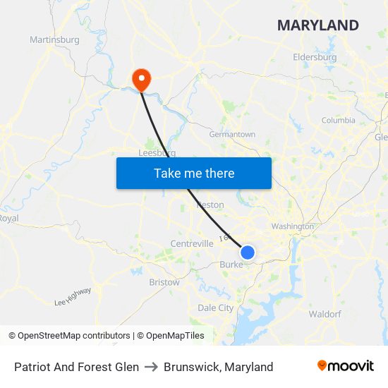 Patriot And Forest Glen to Brunswick, Maryland map
