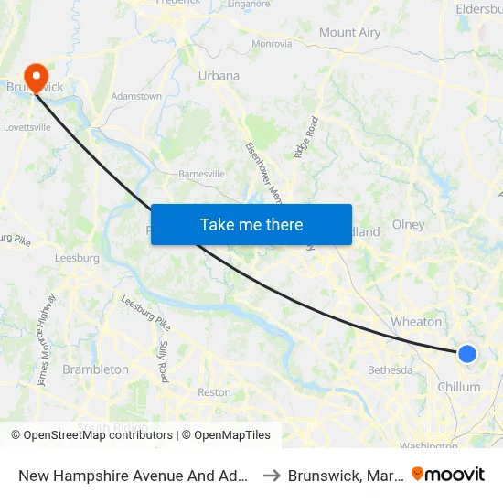 New Hampshire Avenue And Adelphi Road to Brunswick, Maryland map