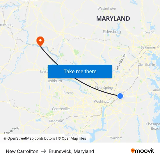 New Carrollton to Brunswick, Maryland map