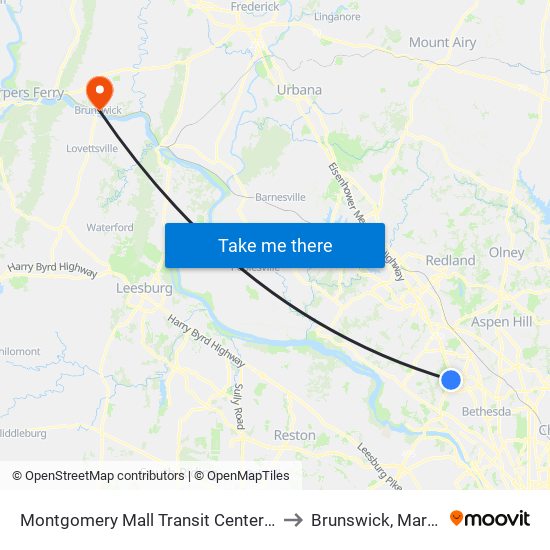 Montgomery Mall Transit Center & Bay B to Brunswick, Maryland map