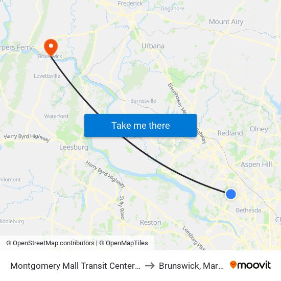 Montgomery Mall Transit Center & Bay E to Brunswick, Maryland map