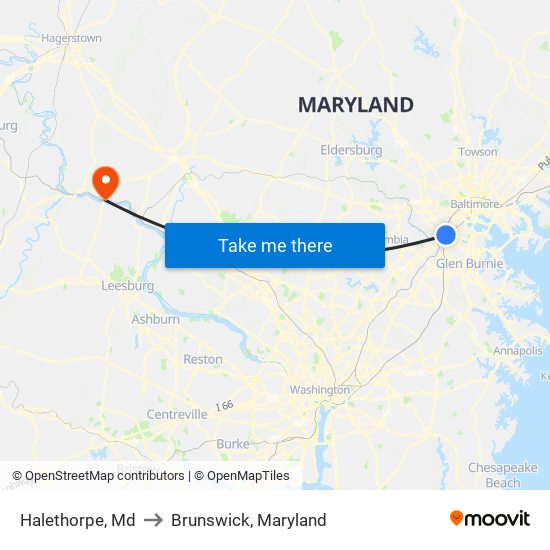 Halethorpe, Md to Brunswick, Maryland map