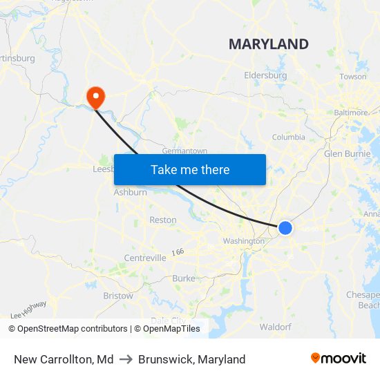 New Carrollton, Md to Brunswick, Maryland map