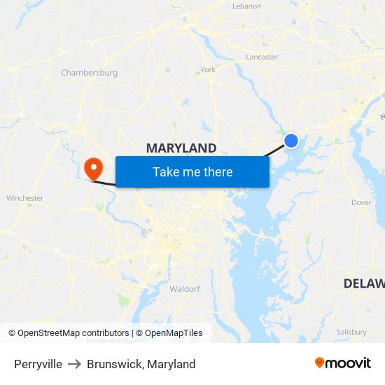 Perryville to Brunswick, Maryland map