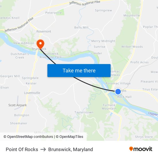 Point Of Rocks to Brunswick, Maryland map