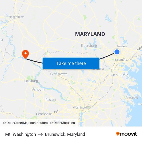 Mt. Washington to Brunswick, Maryland map