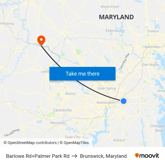 Barlowe Rd+Palmer Park Rd to Brunswick, Maryland map