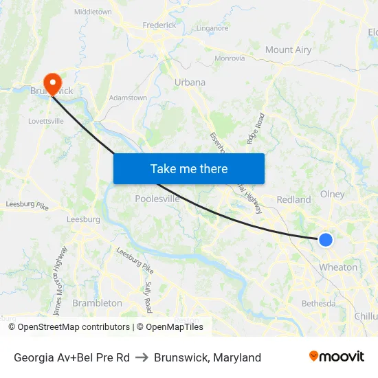 Georgia Av+Bel Pre Rd to Brunswick, Maryland map