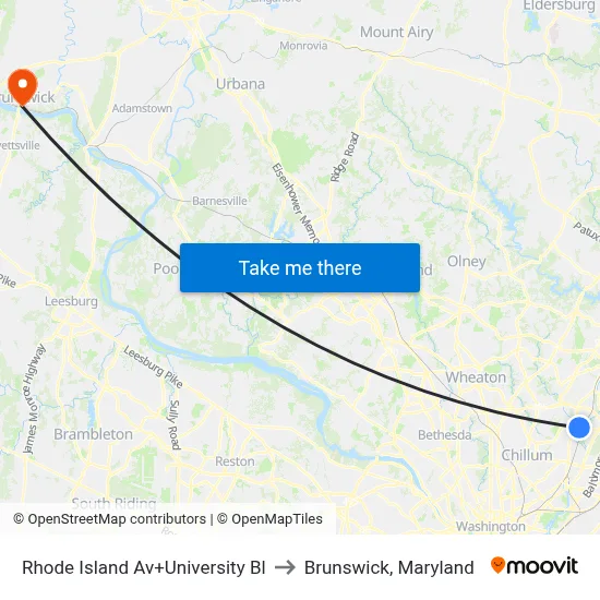 Rhode Island Av+University Bl to Brunswick, Maryland map