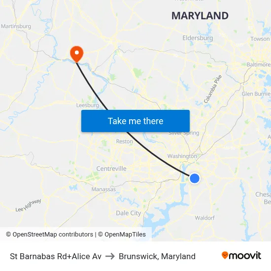 St Barnabas Rd+Alice Av to Brunswick, Maryland map