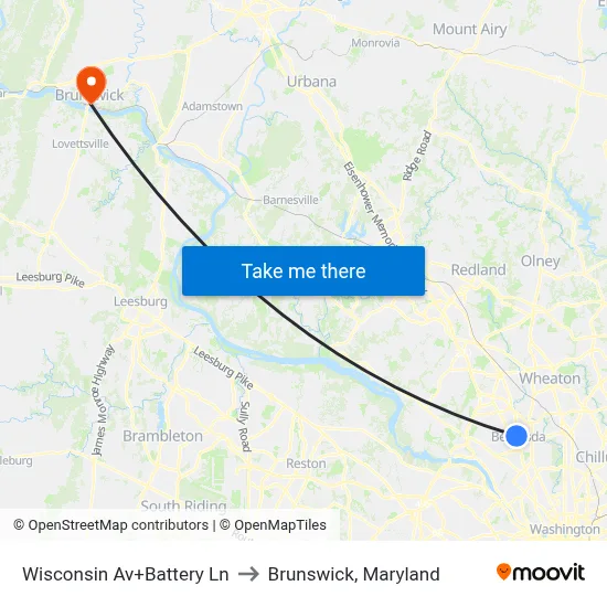 Wisconsin Av+Battery Ln to Brunswick, Maryland map