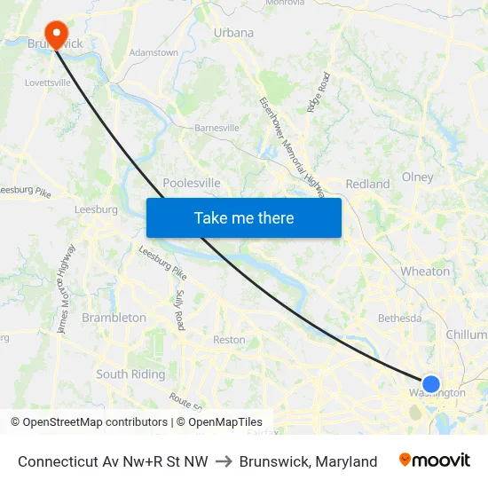 Connecticut Av Nw+R St NW to Brunswick, Maryland map
