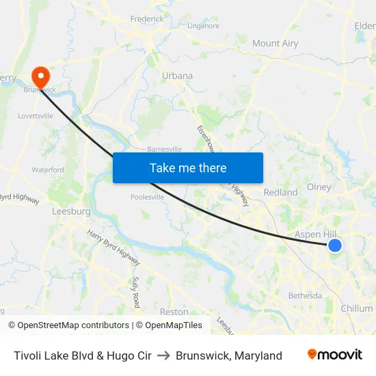 Tivoli Lake Blvd & Hugo Cir to Brunswick, Maryland map