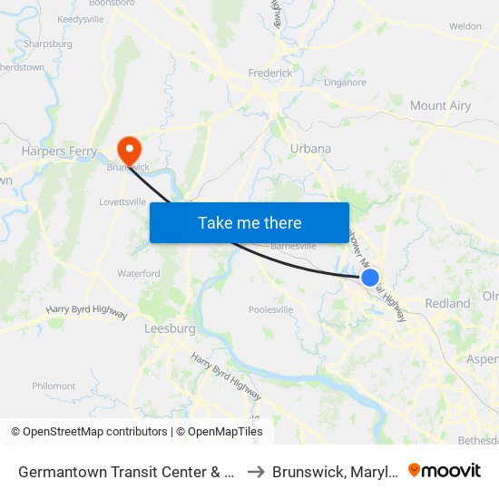 Germantown Transit Center & Bay B to Brunswick, Maryland map