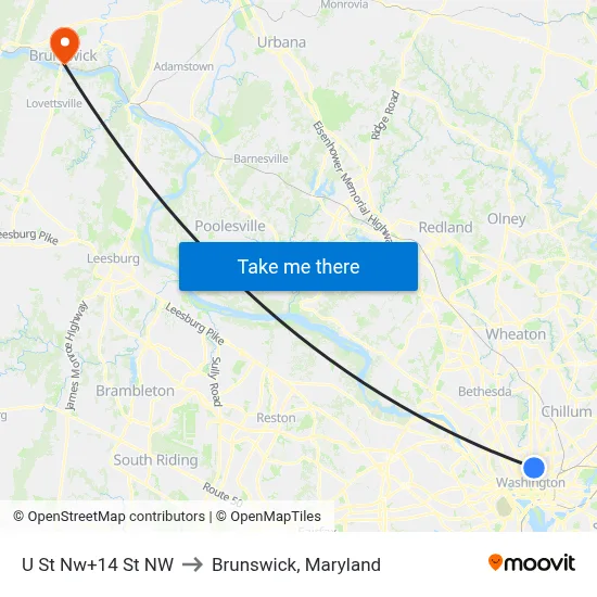 U St Nw+14 St NW to Brunswick, Maryland map