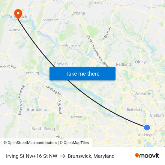 Irving St Nw+16 St NW to Brunswick, Maryland map