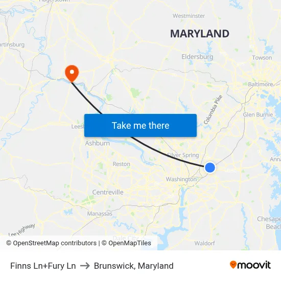 Finns Ln+Fury Ln to Brunswick, Maryland map