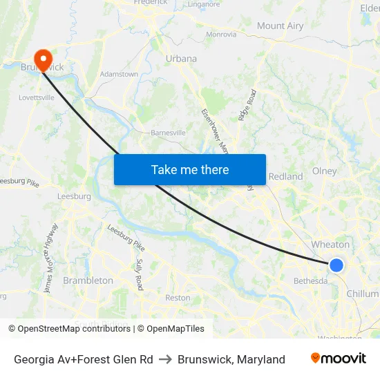 Georgia Av+Forest Glen Rd to Brunswick, Maryland map