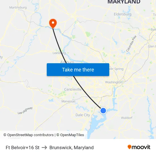 Ft Belvoir+16 St to Brunswick, Maryland map