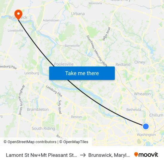 Lamont St Nw+Mt Pleasant St NW to Brunswick, Maryland map