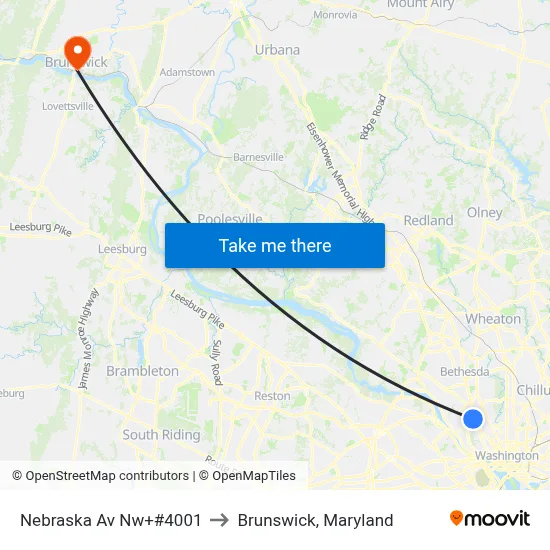 Nebraska Av Nw+#4001 to Brunswick, Maryland map
