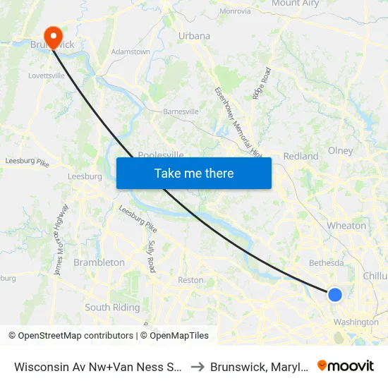 Wisconsin Av Nw+Van Ness St NW to Brunswick, Maryland map