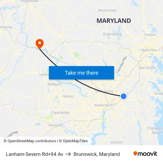 Lanham-Severn Rd+94 Av to Brunswick, Maryland map