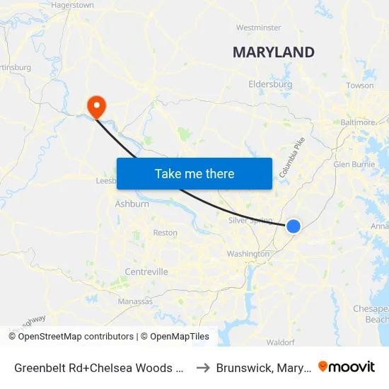 Greenbelt Rd+Chelsea Woods Condos to Brunswick, Maryland map