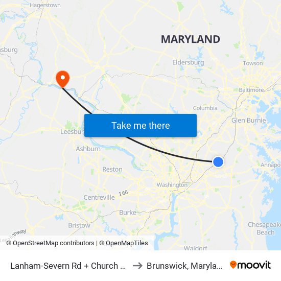 Lanham-Severn Rd+Church La to Brunswick, Maryland map