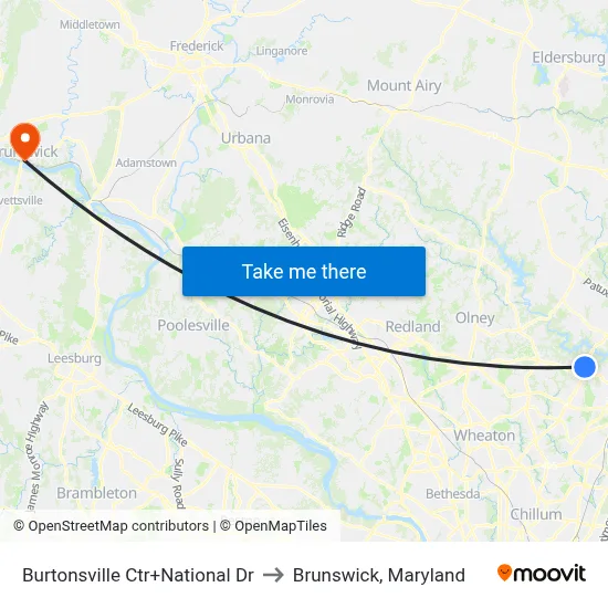 Burtonsville Ctr+National Dr to Brunswick, Maryland map