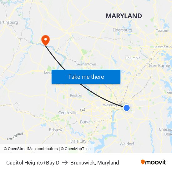 Capitol Heights+Bay D to Brunswick, Maryland map