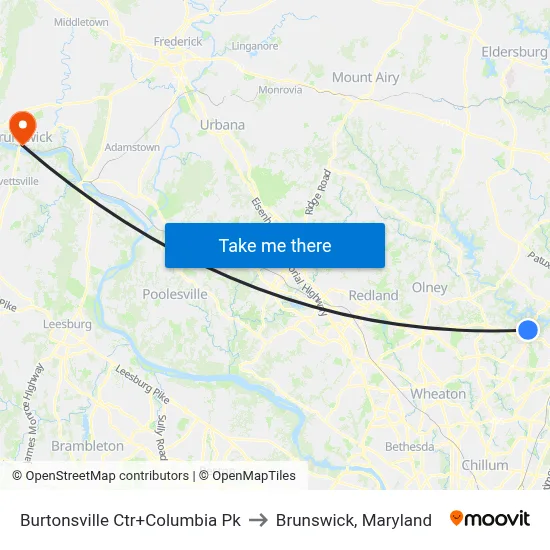 Burtonsville Ctr+Columbia Pk to Brunswick, Maryland map