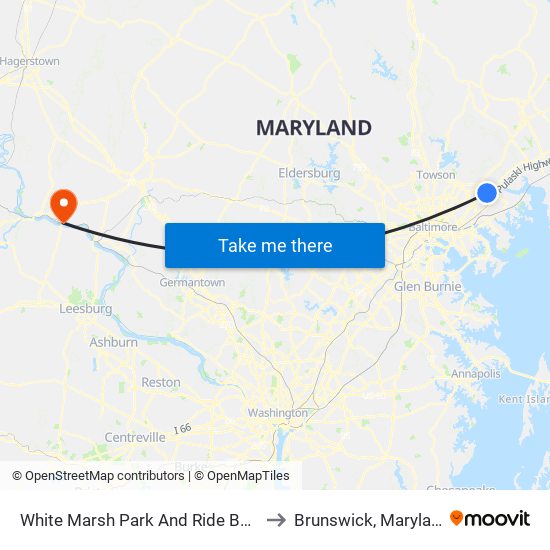 White Marsh Park And Ride Bay 1 to Brunswick, Maryland map