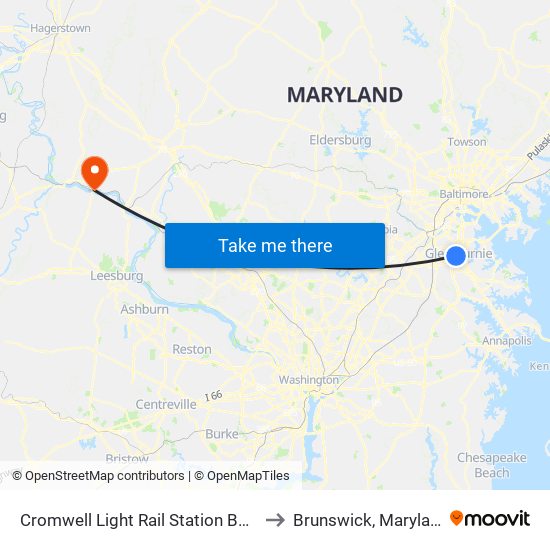 Cromwell Light Rail Station Bay 1 to Brunswick, Maryland map