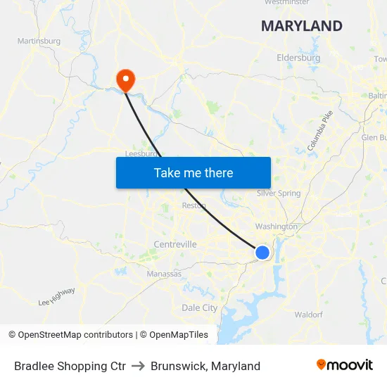 Bradlee Shopping Ctr to Brunswick, Maryland map