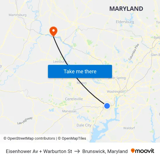 Eisenhower Av + Warburton St to Brunswick, Maryland map