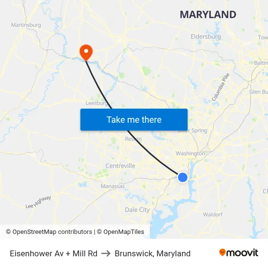 Eisenhower Av + Mill Rd to Brunswick, Maryland map