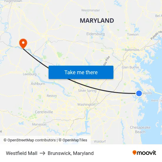 Westfield Mall to Brunswick, Maryland map