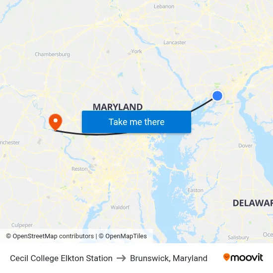 Cecil College Elkton Station to Brunswick, Maryland map